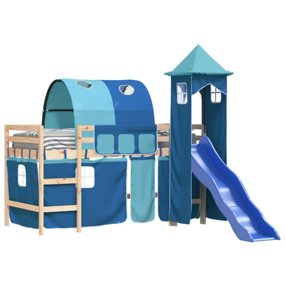 Kinderhoogslaper met toren 80x200 cm massief grenenhout blauw