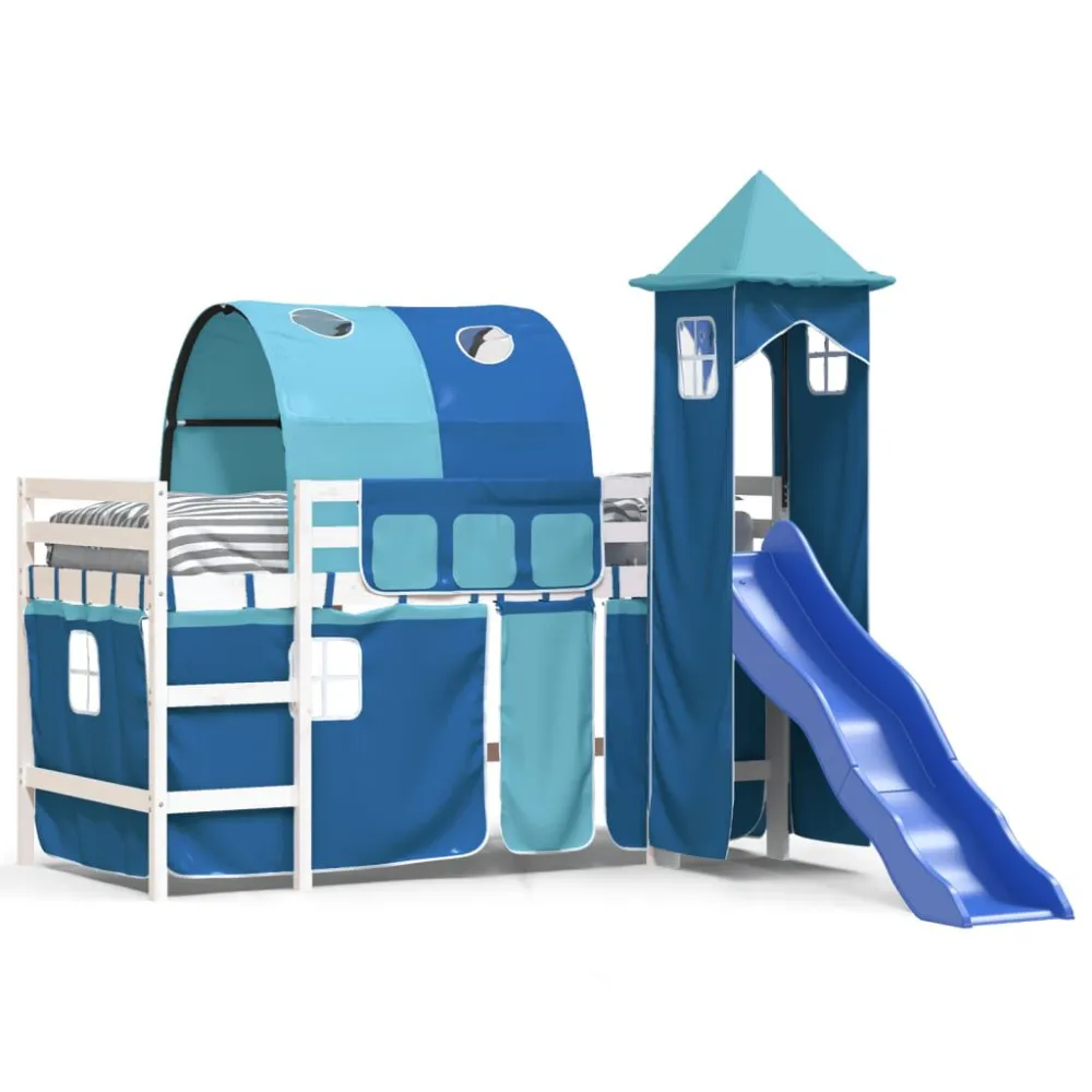 Kinderhoogslaper met toren 80x200 cm massief grenenhout blauw