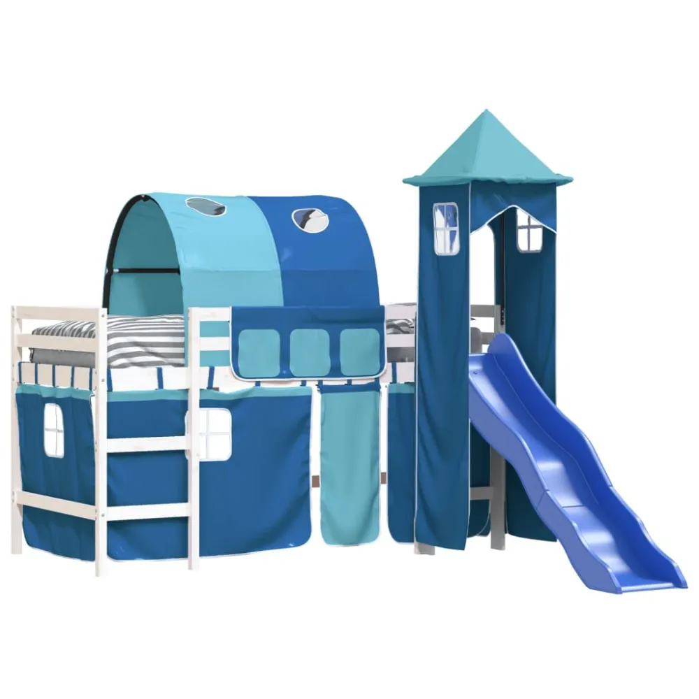 Kinderhoogslaper met toren 80x200 cm massief grenenhout blauw