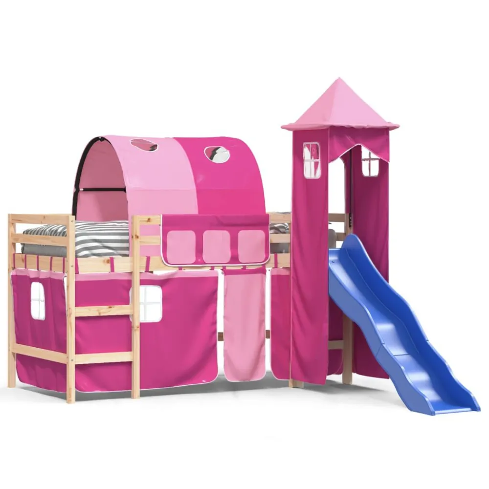 Kinderhoogslaper met toren 80x200 cm massief grenenhout roze