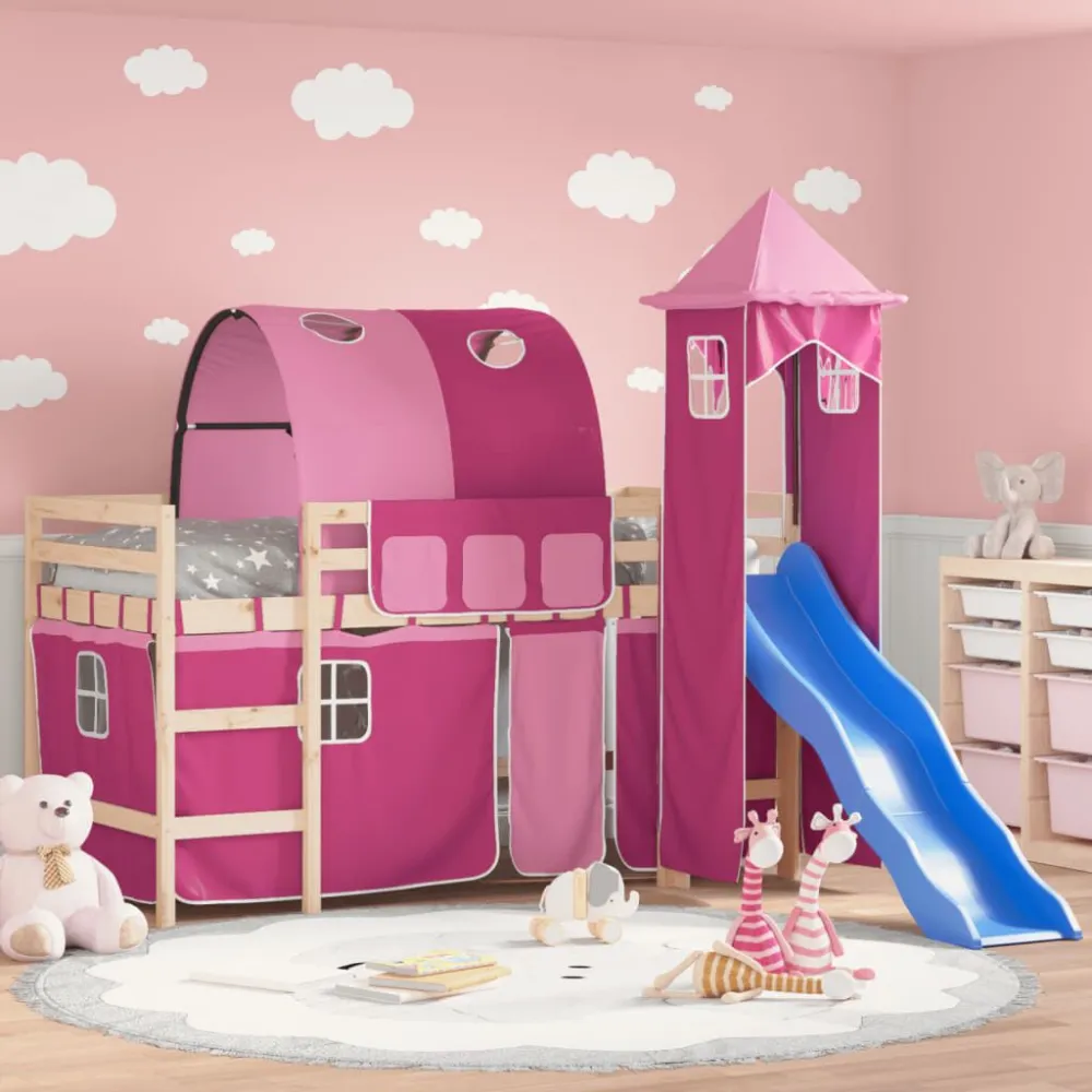 Kinderhoogslaper met toren 80x200 cm massief grenenhout roze