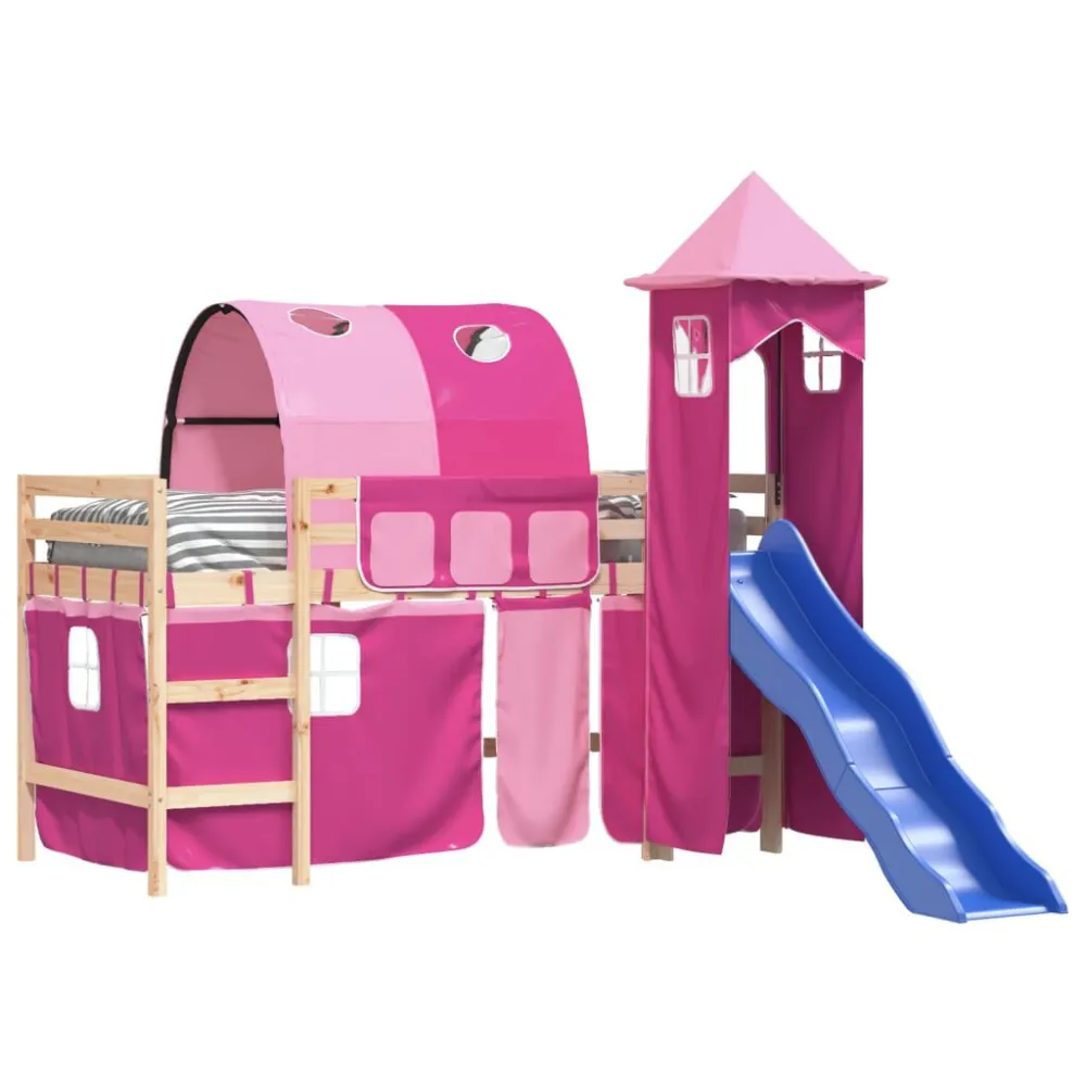Kinderhoogslaper met toren 80x200 cm massief grenenhout roze