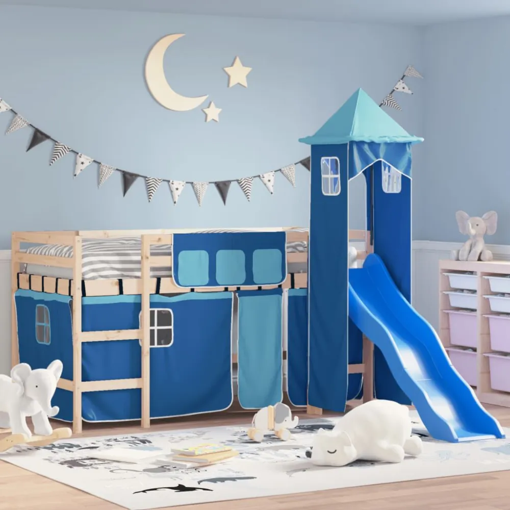 Kinderhoogslaper met toren 80x200 cm massief grenenhout blauw