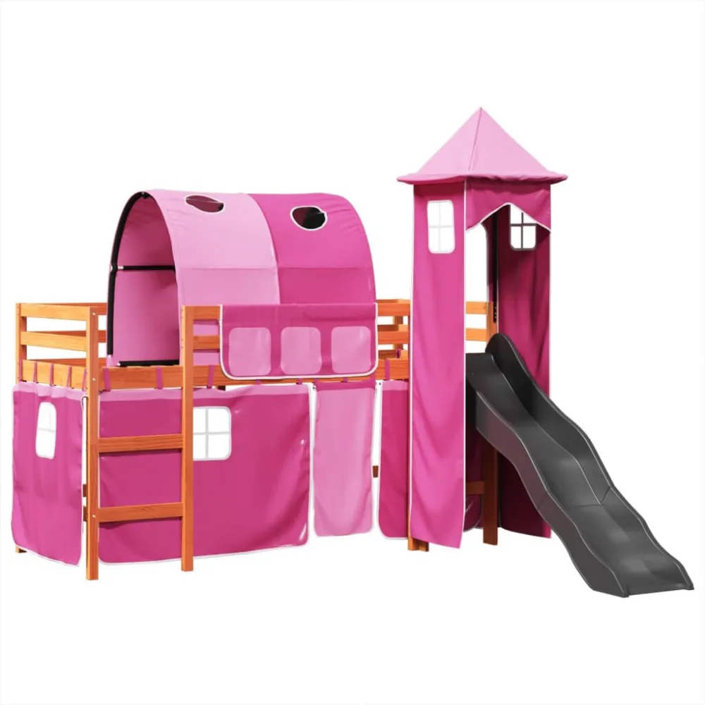 Kinderhoogslaper met toren 80x200 cm massief grenenhout roze