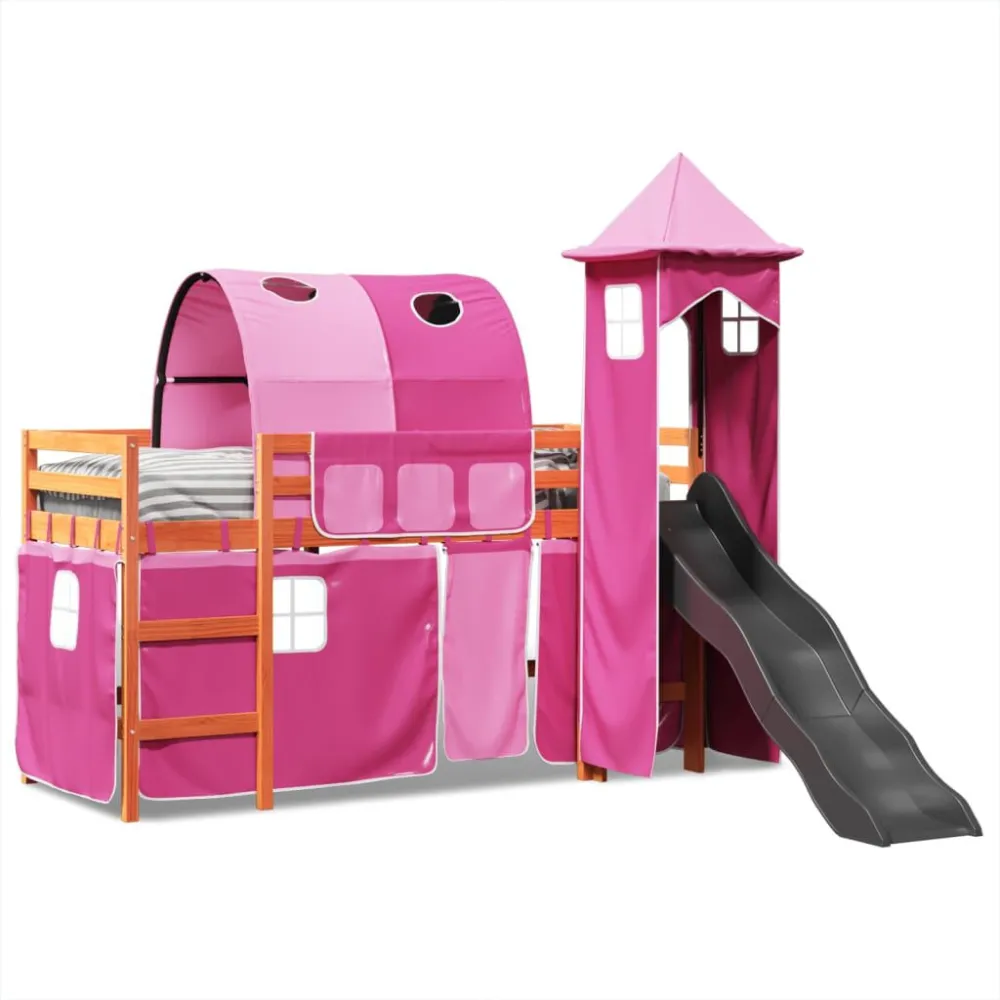 Kinderhoogslaper met toren 80x200 cm massief grenenhout roze