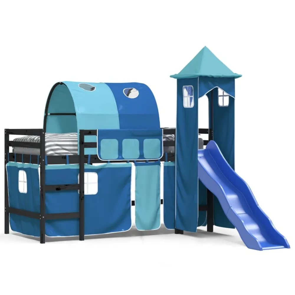 Kinderhoogslaper met toren 80x200 cm massief grenenhout blauw