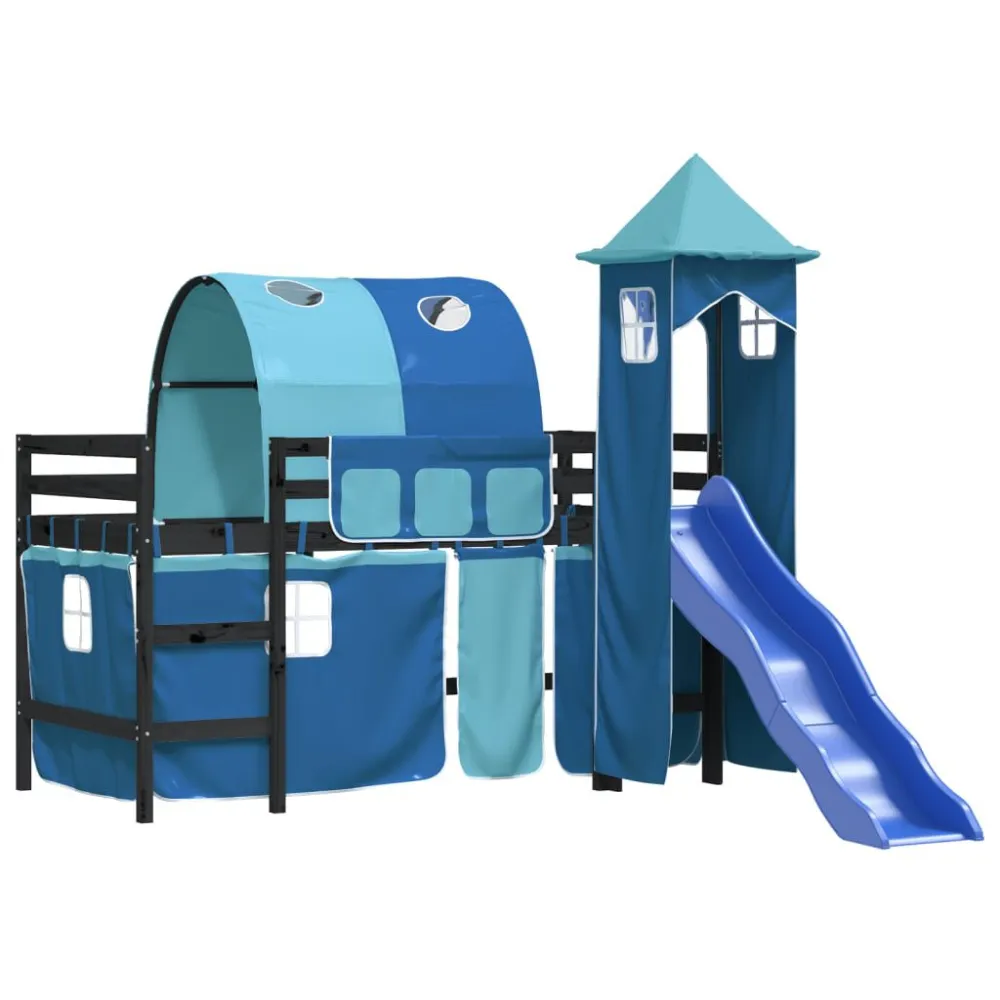 Kinderhoogslaper met toren 80x200 cm massief grenenhout blauw