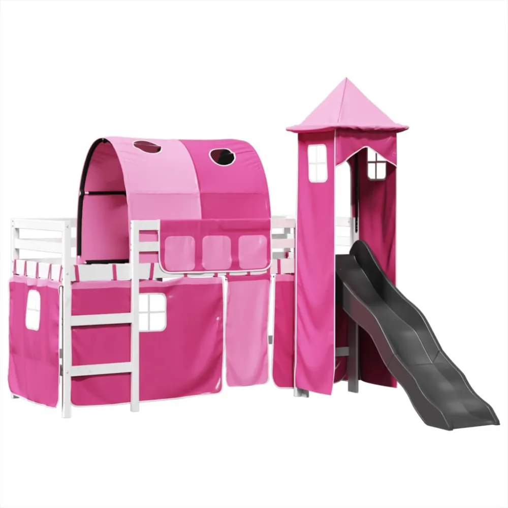 Kinderhoogslaper met toren 80x200 cm massief grenenhout roze