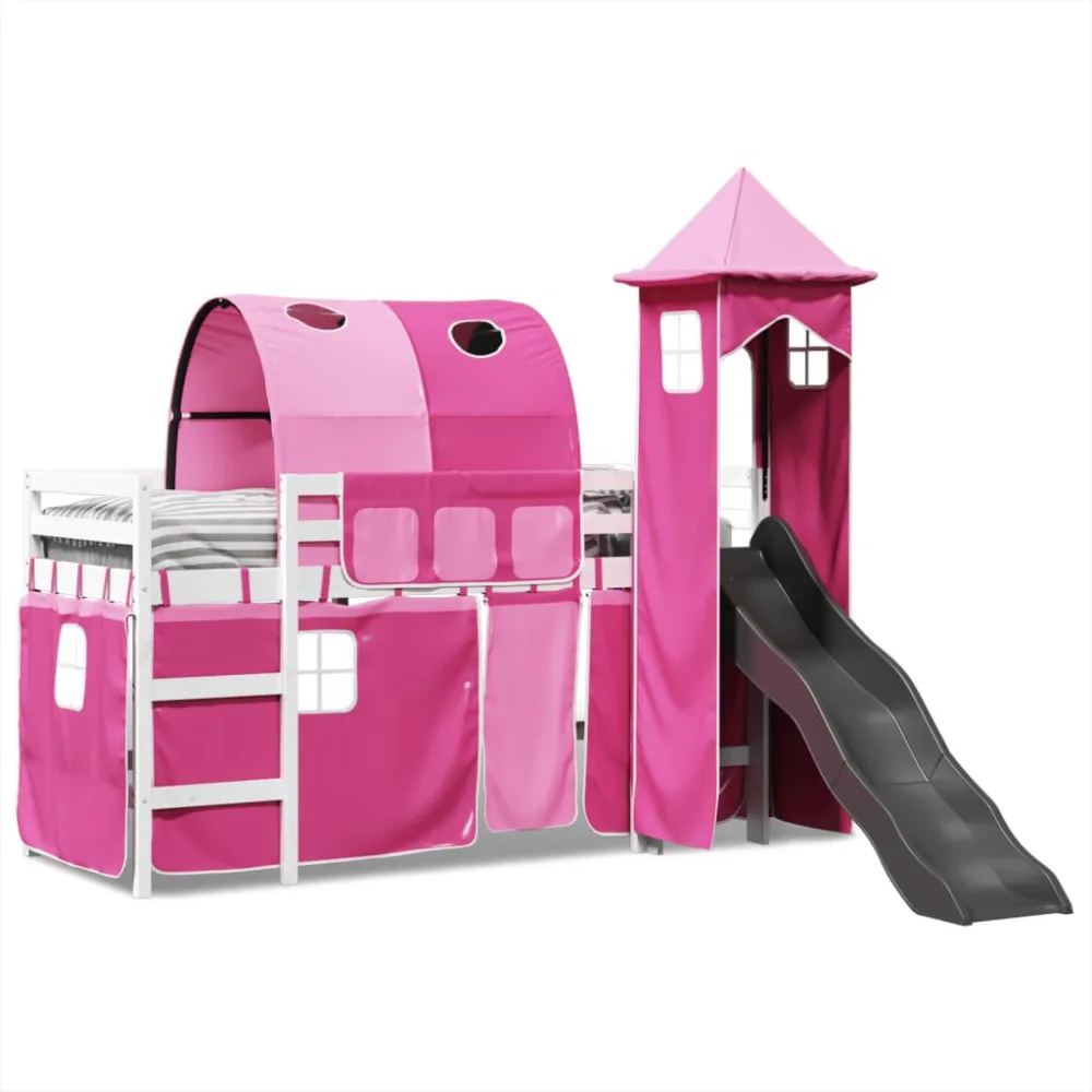 Kinderhoogslaper met toren 80x200 cm massief grenenhout roze