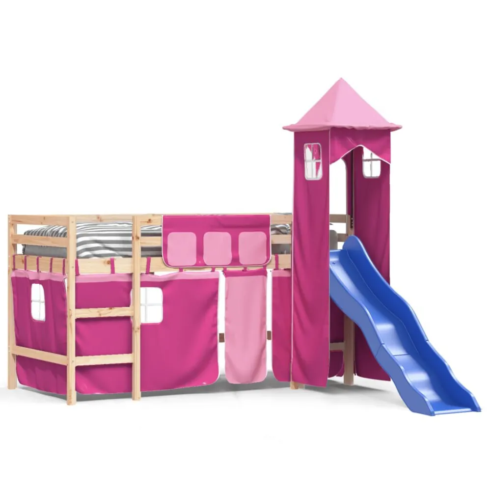 Kinderhoogslaper met toren 80x200 cm massief grenenhout roze