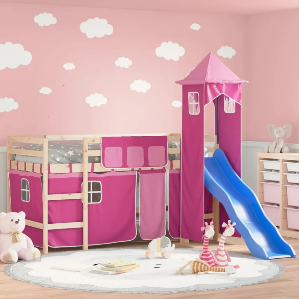 Kinderhoogslaper met toren 80x200 cm massief grenenhout roze