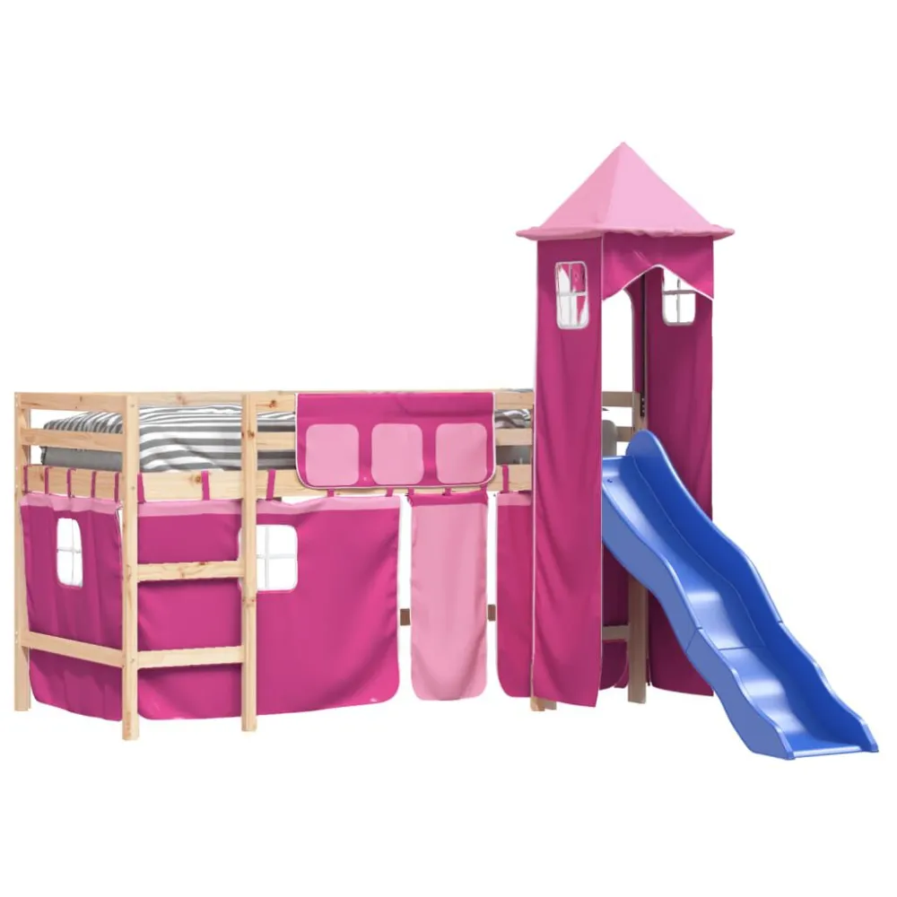 Kinderhoogslaper met toren 80x200 cm massief grenenhout roze