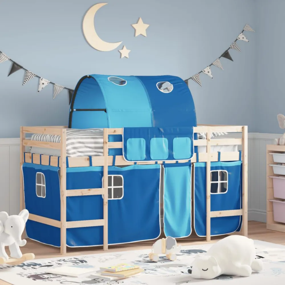 Kinderhoogslaper met tunnel 90x190 cm massief grenenhout blauw