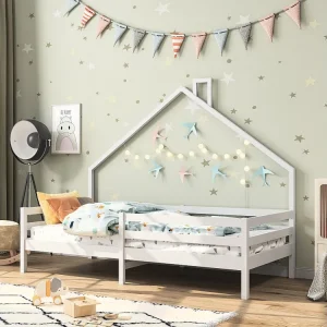 Lit cabane lit enfant 90x200cm en bois massif avec protection antichute et sommier à lattes - Blanc