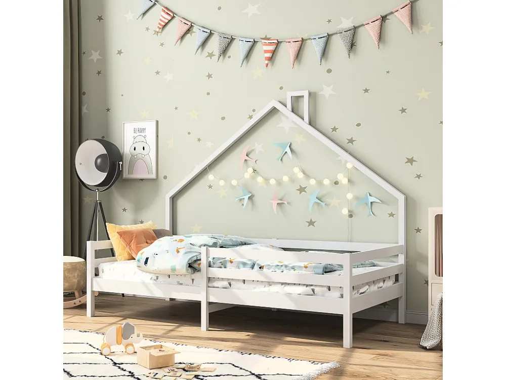 Lit cabane lit enfant 90x200cm en bois massif avec protection antichute et sommier à lattes - Blanc