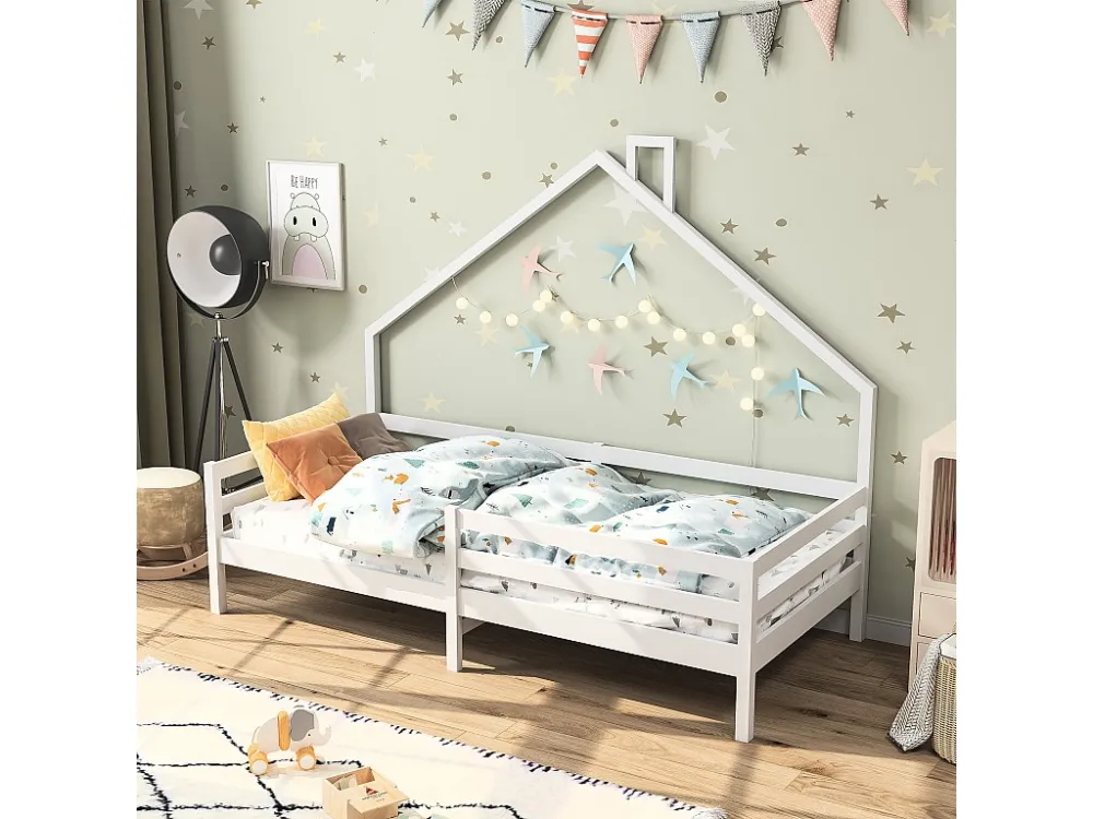 Lit cabane lit enfant 90x200cm en bois massif avec protection antichute et sommier à lattes - Blanc