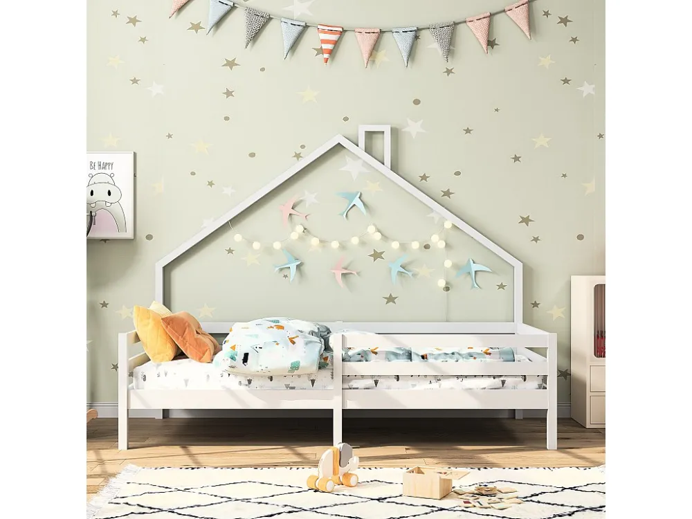 Lit cabane lit enfant 90x200cm en bois massif avec protection antichute et sommier à lattes - Blanc