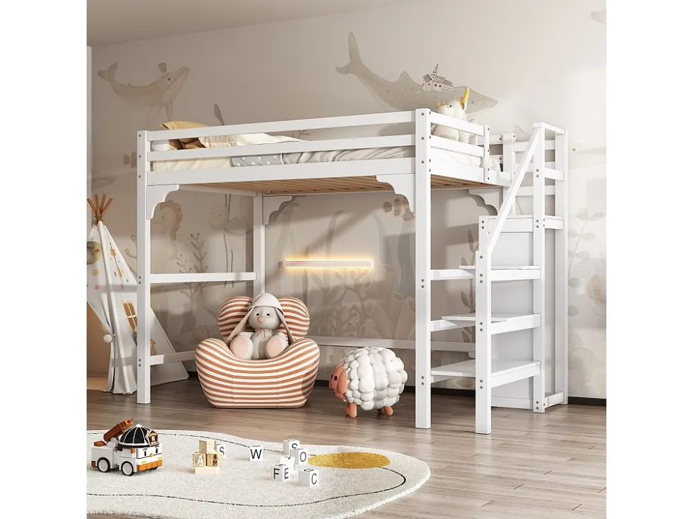 Lit mezzanine 140x200cm, lit d'enfant avec sommier à lattes, escalier avec armoire de rangement, anti-chute, blanc
