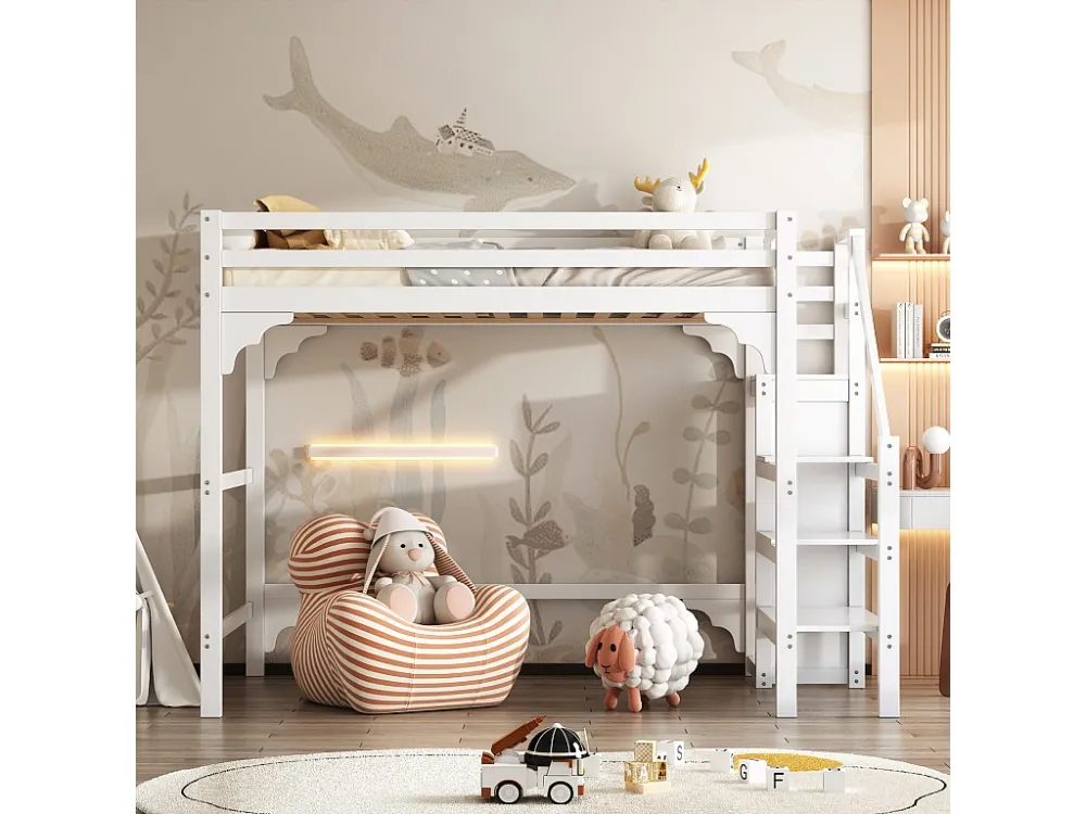 Lit mezzanine 140x200cm, lit d'enfant avec sommier à lattes, escalier avec armoire de rangement, anti-chute, blanc