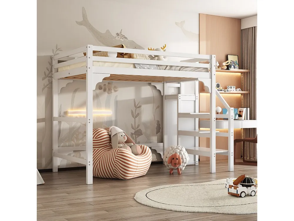 Lit mezzanine 140x200cm, lit d'enfant avec sommier à lattes, escalier avec armoire de rangement, anti-chute, blanc