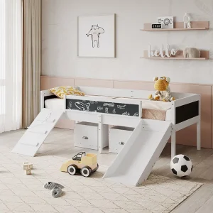 Lit mezzanine en bois de pin - 90x200cm - avec de rangement + échelle + toboggan - avec sommier à lattes - Blanc
