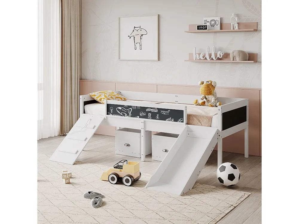 Lit mezzanine en bois de pin - 90x200cm - avec de rangement + échelle + toboggan - avec sommier à lattes - Blanc