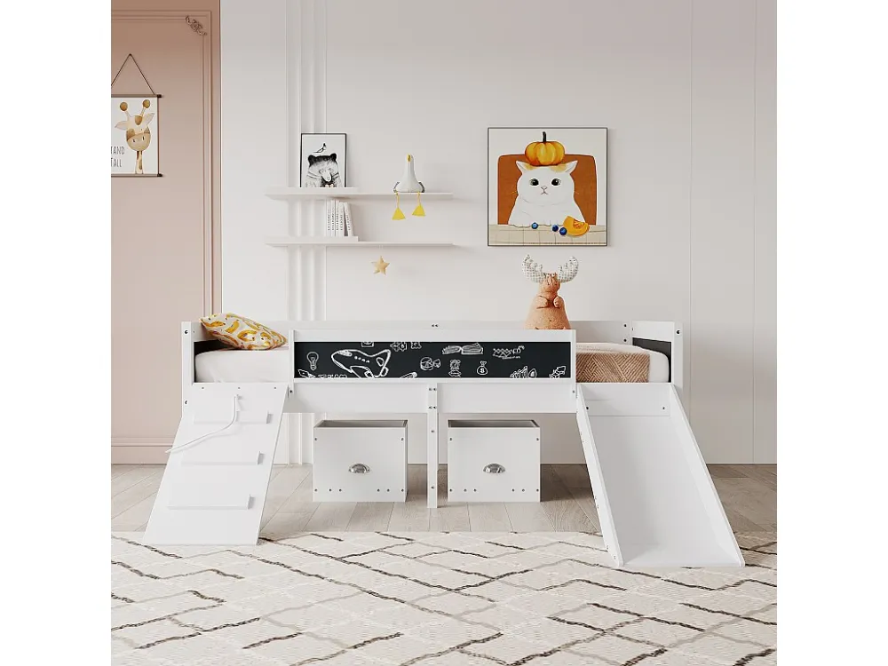 Lit mezzanine en bois de pin - 90x200cm - avec de rangement + échelle + toboggan - avec sommier à lattes - Blanc
