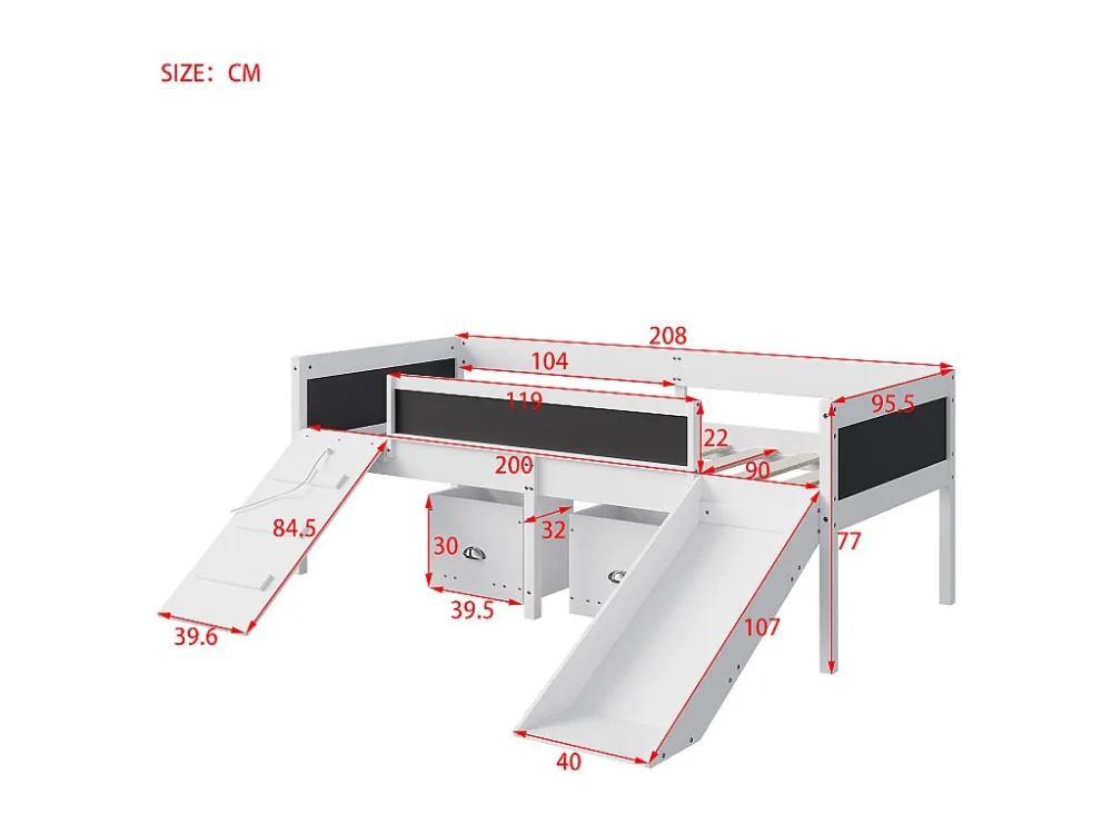 Lit mezzanine en bois de pin - 90x200cm - avec de rangement + échelle + toboggan - avec sommier à lattes - Blanc