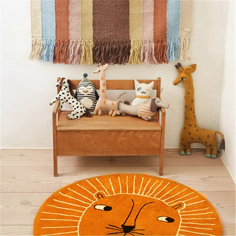Multi-Colored Childrens Room Rug Relaxing Animal Print Area Carpet Katoen Blend Anti-Slip Backing Indoor Rug Orange