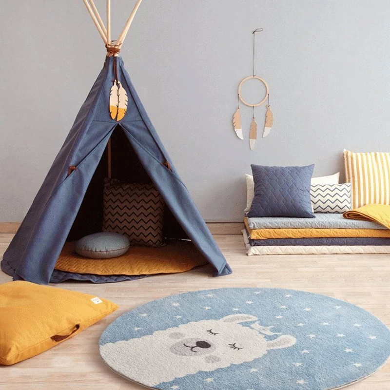 Relaxing Cartoon Print Rug Multi-Color Polyster Carpet Non-Slip Machine Washable Handig Care Rug Kids Blue