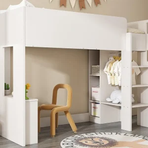 Tussenbed van 90x200 cm voor kinderen - met kledingkast, open planken en trap - Wit