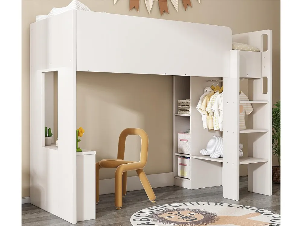 Tussenbed van 90x200 cm voor kinderen - met kledingkast, open planken en trap - Wit