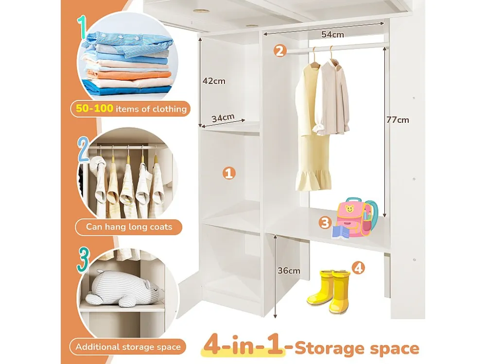 Tussenbed van 90x200 cm voor kinderen - met kledingkast, open planken en trap - Wit