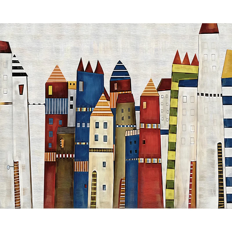 Simple Cartoon House Wall Mural Rood and Blue Kid's Bedroom Wall Covering, Custom-Printed Vrolijke Kleuren Red