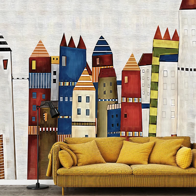 Simple Cartoon House Wall Mural Rood and Blue Kid's Bedroom Wall Covering, Custom-Printed Vrolijke Kleuren Red