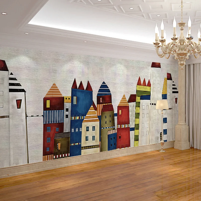 Simple Cartoon House Wall Mural Rood and Blue Kid's Bedroom Wall Covering, Custom-Printed Vrolijke Kleuren Red