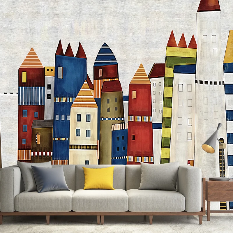 Simple Cartoon House Wall Mural Rood and Blue Kid's Bedroom Wall Covering, Custom-Printed Vrolijke Kleuren Red