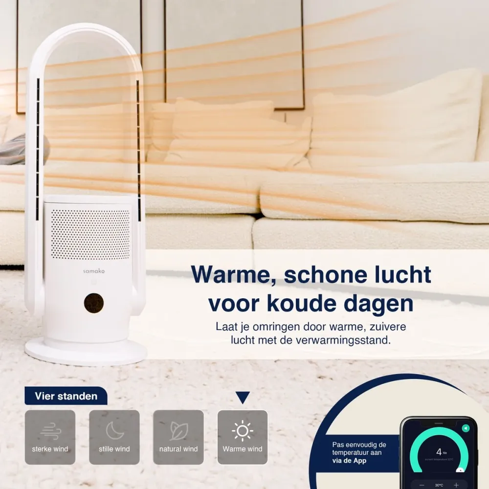 3--1 Luchtreiniger, Ventilator & Verwarming - 2000W - Hepa 13 Filter - Inclusief Afstandsbediening en App - Kachel - Air P...