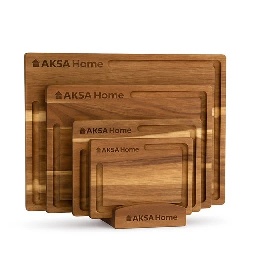 AKSA Home® 4-Delige Snijplankenset met Houder - Houten Snijplank met Sapgeul voor Keuken - Serveerplank - Kaasplank - Borr...