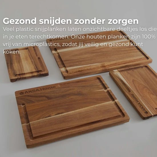 AKSA Home® 4-Delige Snijplankenset met Houder - Houten Snijplank met Sapgeul voor Keuken - Serveerplank - Kaasplank - Borr...