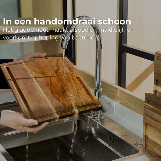 AKSA Home® 4-Delige Snijplankenset met Houder - Houten Snijplank met Sapgeul voor Keuken - Serveerplank - Kaasplank - Borr...