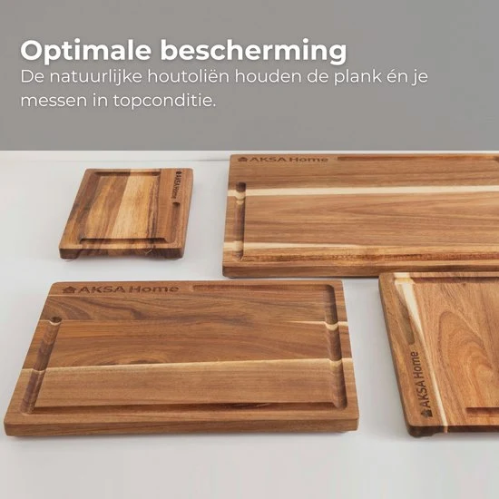 AKSA Home® 4-Delige Snijplankenset met Houder - Houten Snijplank met Sapgeul voor Keuken - Serveerplank - Kaasplank - Borr...