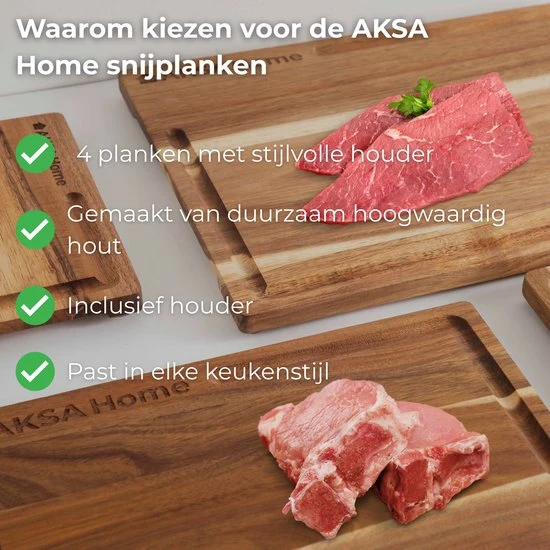 AKSA Home® 4-Delige Snijplankenset met Houder - Houten Snijplank met Sapgeul voor Keuken - Serveerplank - Kaasplank - Borr...