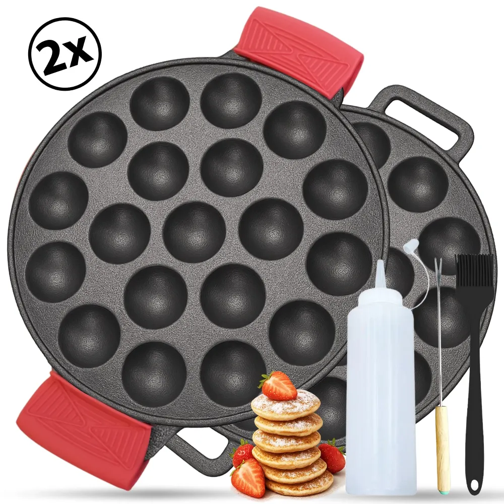 Chefino 2-delige gietijzeren poffertjespan set – 38 poffertjes tegelijk – inclusief doseerfles, vork, bakkwast en silicone...