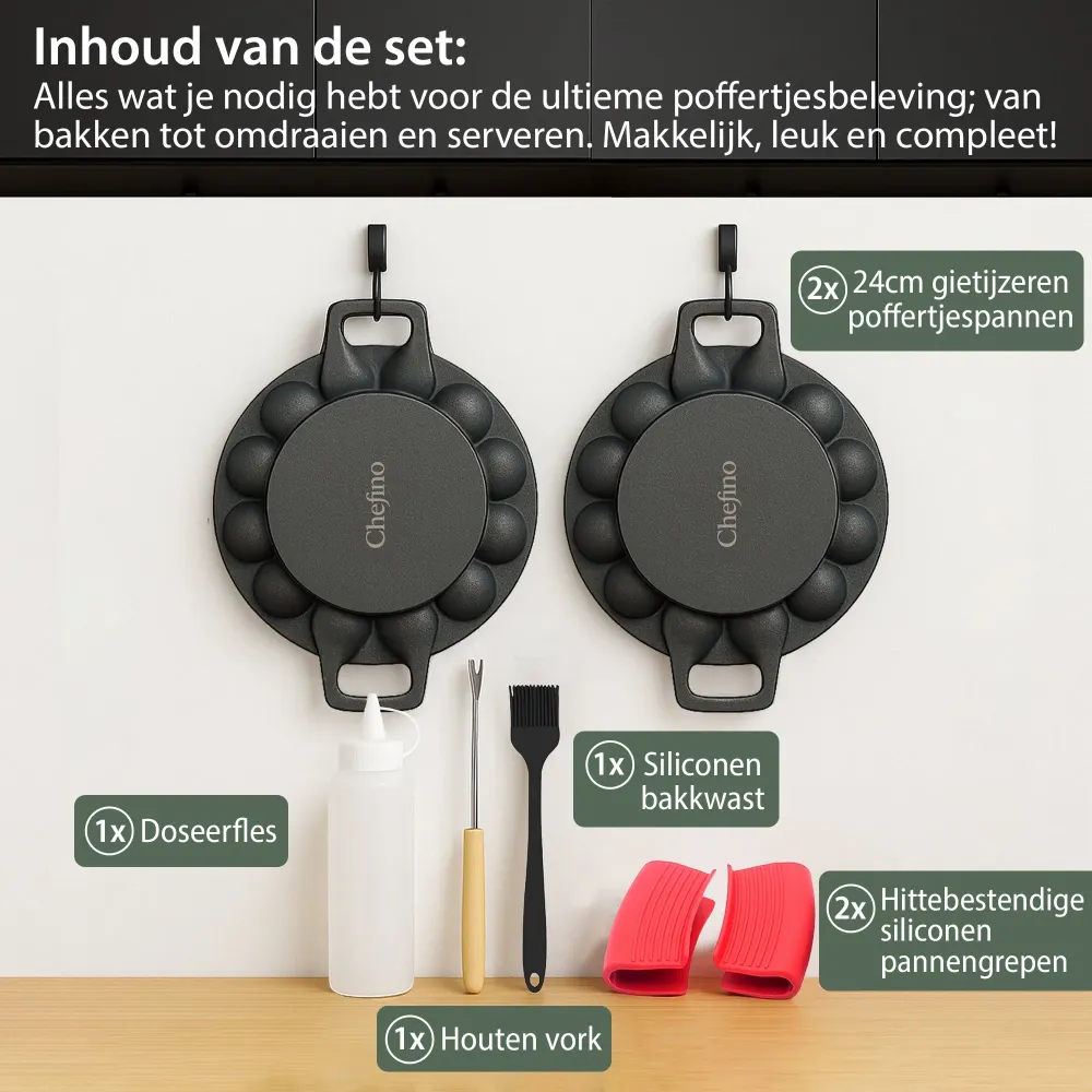 Chefino 2-delige gietijzeren poffertjespan set – 38 poffertjes tegelijk – inclusief doseerfles, vork, bakkwast en silicone...