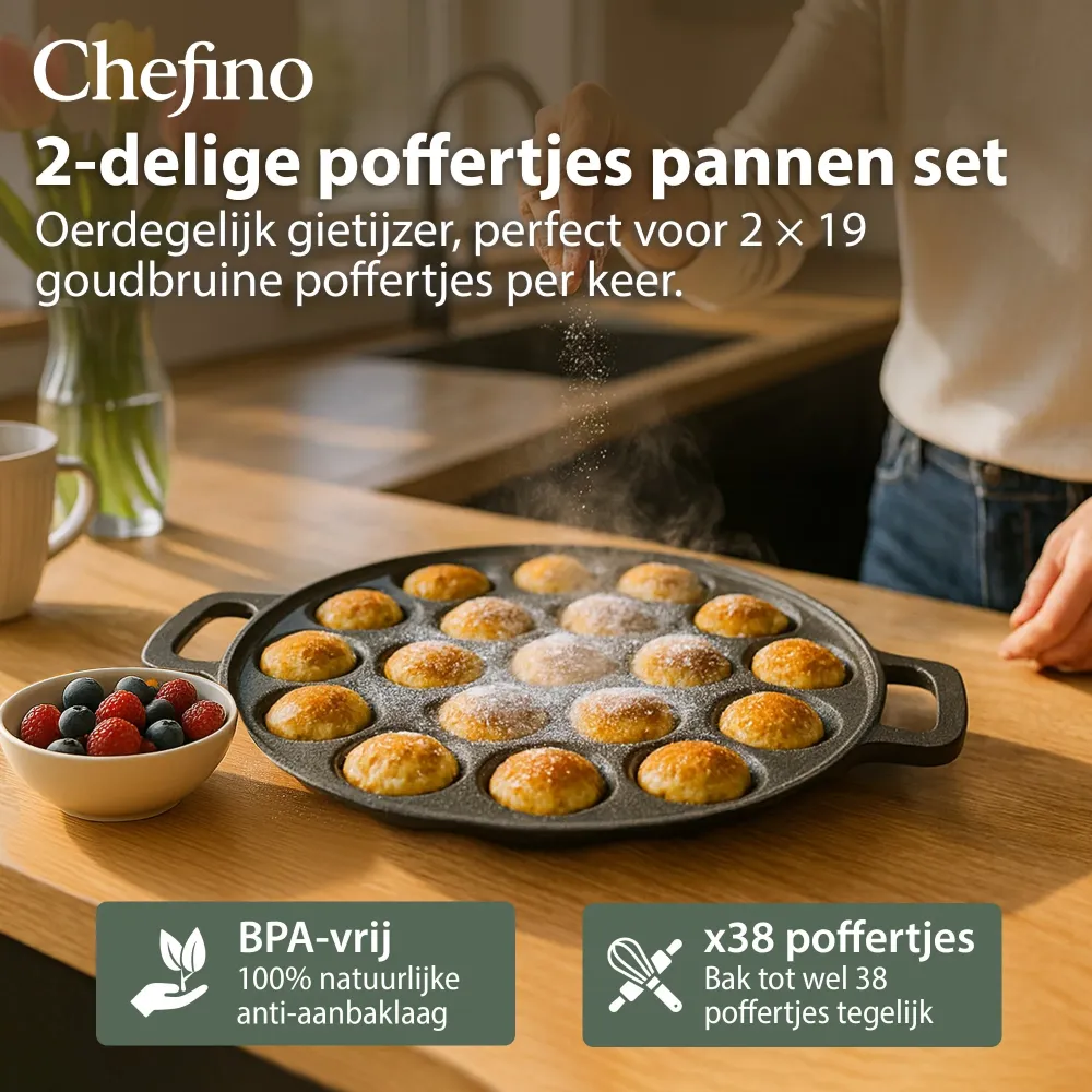 Chefino 2-delige gietijzeren poffertjespan set – 38 poffertjes tegelijk – inclusief doseerfles, vork, bakkwast en silicone...