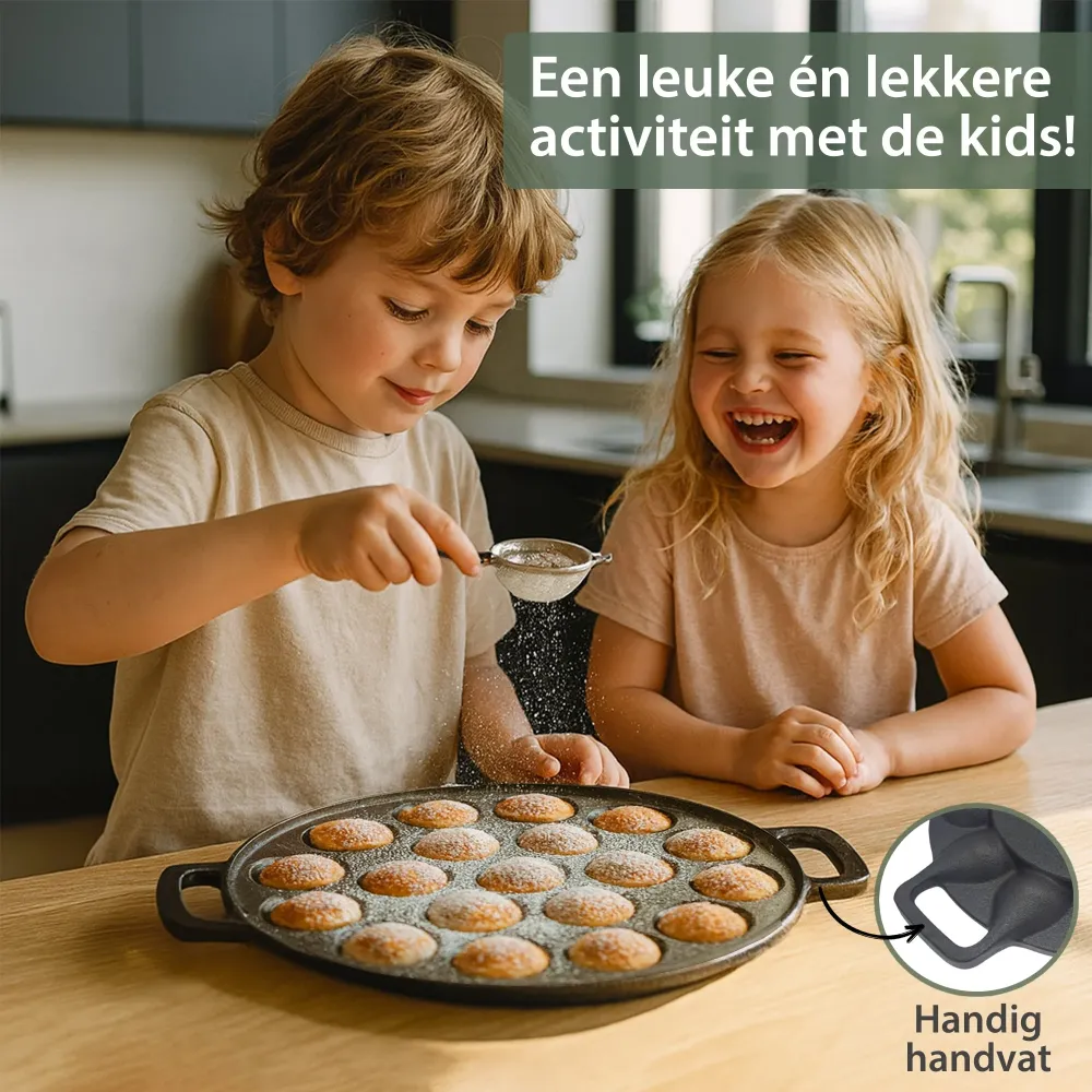 Chefino 2-delige gietijzeren poffertjespan set – 38 poffertjes tegelijk – inclusief doseerfles, vork, bakkwast en silicone...