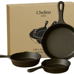 Chefino Gietijzeren Pannenset – 3-delige Skillet Set – Pannenset Inductie – Gietijzeren Pan voor BBQ, Oven en Fornuis – PF...