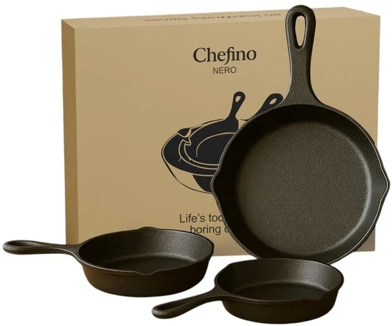 Chefino Gietijzeren Pannenset – 3-delige Skillet Set – Pannenset Inductie – Gietijzeren Pan voor BBQ, Oven en Fornuis – PF...