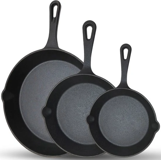 Chefino Gietijzeren Pannenset – 3-delige Skillet Set – Pannenset Inductie – Gietijzeren Pan voor BBQ, Oven en Fornuis – PF...